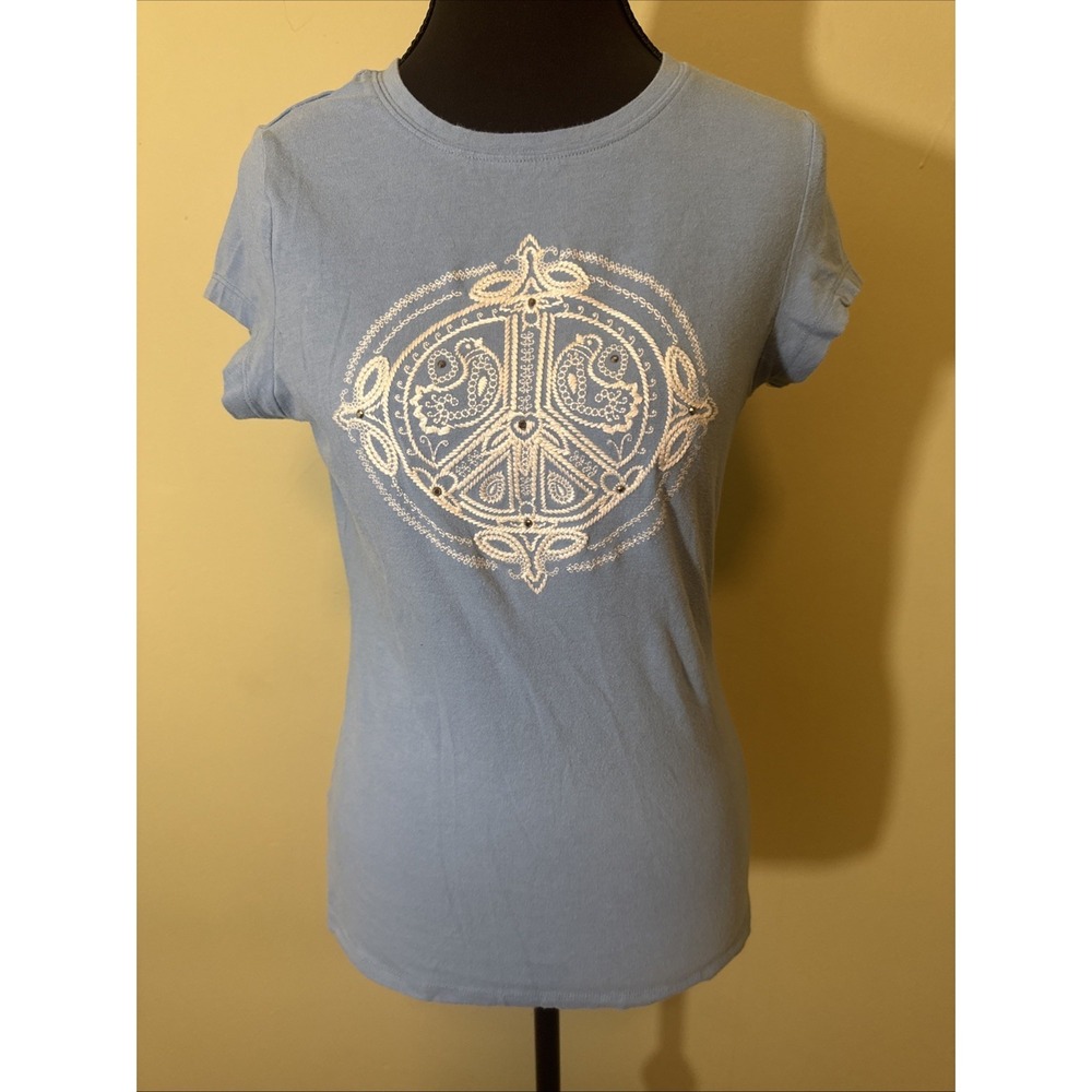 INC International Concepts Y2K Babydoll Top Peace Sign Embellished‎ Blue Size Sm
